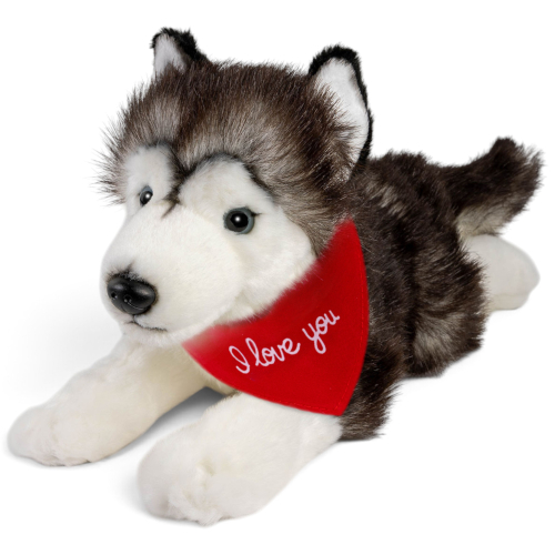 Carl Dick liegender Husky als Plüschtier mit bedruckbarem Logo-Halstuch