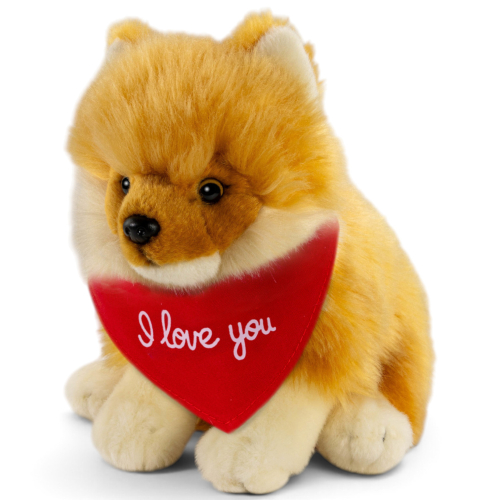 Carl Dick sitzender Zwergspitz Pomeranian als Plüschtier mit bedruckbarem Logo-Halstuch