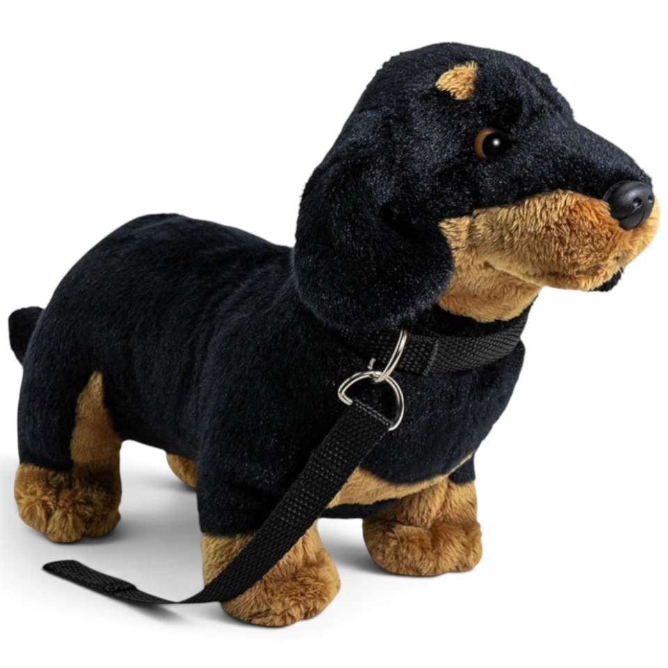 Carl Dick Plush Toy Dachshund standing black with lead